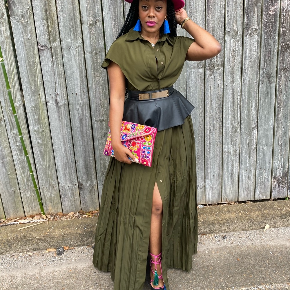 Olive Green Flowy Pleated Maxi Dress